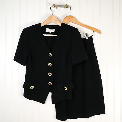 #ad St. John By Marie Gray Women#x27;s 2 Pc Skirt Suit Black Wool Blend Short Sleeve 2 $141.59