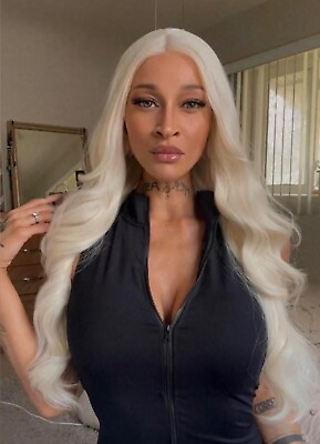 #ad Long White Platinum Blonde Human Hair Blend Lace Front Wig Curls 13x4 Heat Ok $97.50