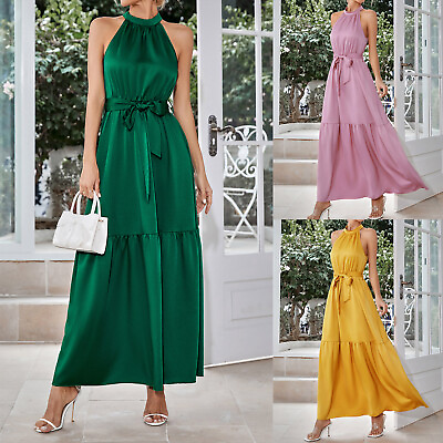 Women#x27;s Dresses Elegant Casual Silky Halter Wedding Party Holiday Long Dresses $8.27