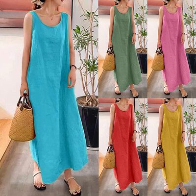 #ad Womens Sundress Loose Cover Up Vacation Dress Cotton Linen Crew Neck Casual US $7.03