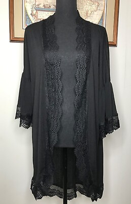 #ad Spadehill Swimsuit Cover up Women Large Black See through Lace 3 4 Sleeve Beachy $14.99