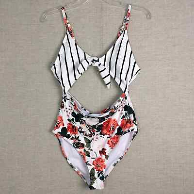 #ad Swimsuit Womens S Floral Cut Out Middle White Stripe Pink High Waist One Piece $14.95