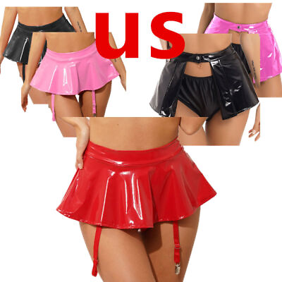 #ad US Women#x27;s Mini Skirt Lingerie Metallic Look Faux Leather Micro Skater Clubwear $14.71