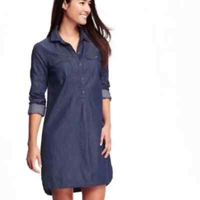 Women#x27;s 22 OLD NAVY Long Sleeve Blue Chambray Shirt Dress Dark Wash Denim Plus $24.99