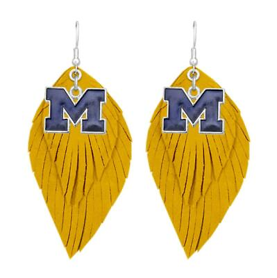 Michigan Wolverines Gold Navy Boho Leather Feather Earrings Jewelry Gift UM $18.04