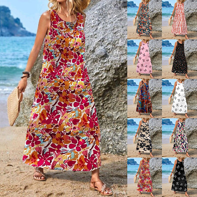#ad Women Floral Boho Maxi Long Tank Dress Baggy Holiday Beach Kaftan Sun Dresses US $25.45