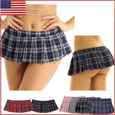 #ad US Women Schoolgirl Mini Skirt RolePlay Costume Mini Plaid Pleated Micro Skirts $10.99
