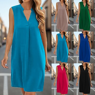#ad Summer Women Dress Universal Sundress Sleeveless Beach Casual Loose V Neck $15.20