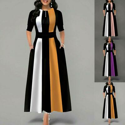 #ad Ladies Sexy Long Sleeve Stripe Boho Women Bodycon Party Maxi Dresses Plus Size $54.90