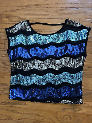 #ad Forever 21 Sequin Top Blue Black Stripes Womens Small Sleeveless $9.95