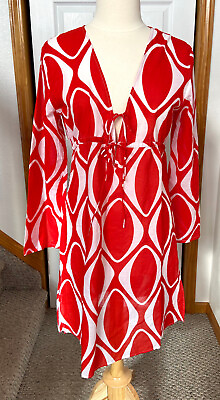 #ad #ad Echo Swimsuit Beach Cover Up Dress Womens L Red amp; White Print Sheer Front Ties $19.99