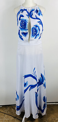 #ad Sindashi Size Small Unique Hand Painted In Mexico Floral Maxi Dress White Blue $138.39