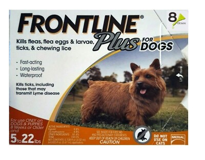 Frontline Plus for Dogs 5 to 22 lbs 8 Pack Brand New Sealed $59.95