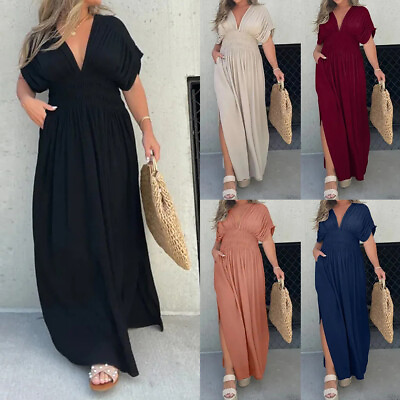 #ad Boho Womens V Neck Short Dolman Sleeve Casual Maxi Long Dresses Slip Sundresses $23.89
