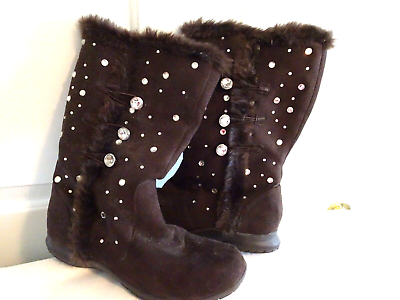 #ad Women#x27;s Size 8.5M Brown Faux Suede Boots Side Zipper Faux Fur Lined=LKN $14.00