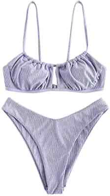 #ad ZAFUL Womens Spaghetti Strap Cutout Keyhole Ruched Tie Cami Bikini Set Swimsuit $7.99