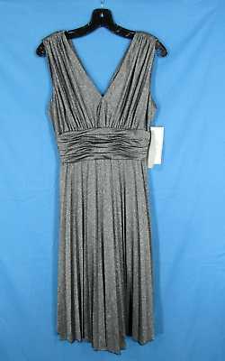 #ad #ad NWT WILLOW GLENN Black Silver PLEATED V Neck RUCHED WAIST Cocktail Dress Sz 8 $25.00