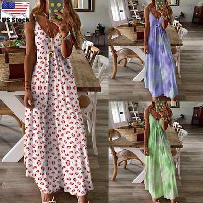 #ad Womens Summer Floral Long Dress Ladies Boho Beach Holiday Maxi Dress Plus Size $18.29
