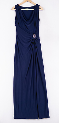 #ad Lauren Ralph Lauren Evening Maxi Dress Womens 4 Navy Blue Rhinestone Draped Neck $49.99