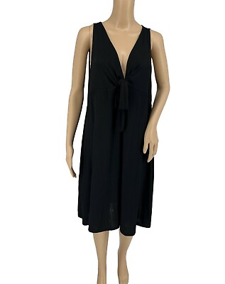 #ad #ad Zara sleeveless shift dress beach cover up Large deep v neck with tie black $29.00