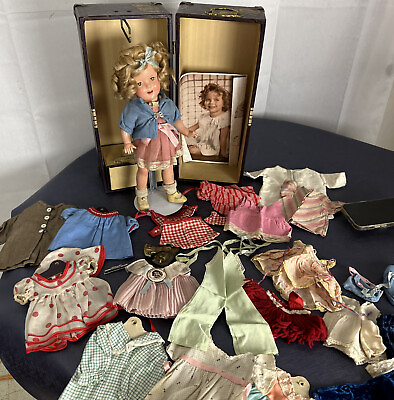 #ad Shirley Temple 1930#x27;s Composition 13quot; Flirty Eye Doll Clothes Hats Trunk $4495.95