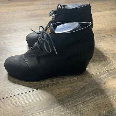 #ad Toms Womens Boots Size 10 Black Leather Booties Ankle Wedge Heels Lace Up $12.50