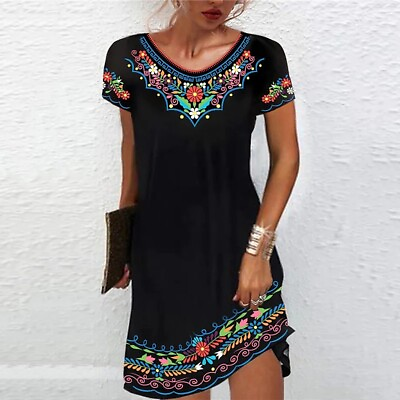 #ad Womens Ethnic Boho Floral Mini Dress Ladies Summer Short Sleeve Holiday Sundress $19.56