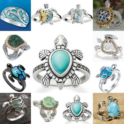 14K Gold Silver Sea Turtle Rings Green Zircon Turquoise Party Women Men Jewelry C $3.88