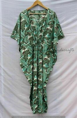 Indian Green Long Leaf Print Cotton Hippie Maxi Women Nightwear Caftan Dress $22.31