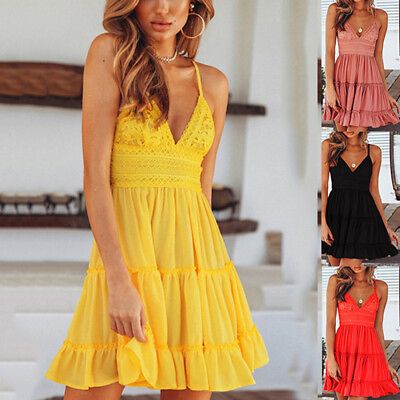 #ad #ad Womens Ladies Slim Lace Sling Boho Dress Summer Beach Holiday Flared Sundress $6.79