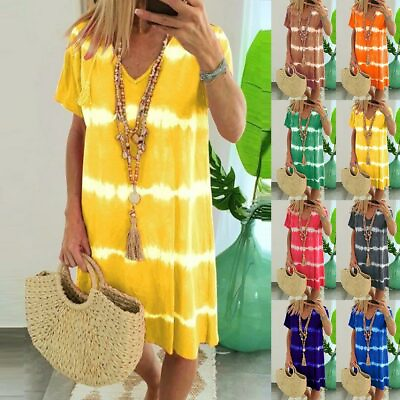 Women Summer Holiday Dress Ladies Boho Beach Loose Tie Dye Sun Dresses Size $16.52
