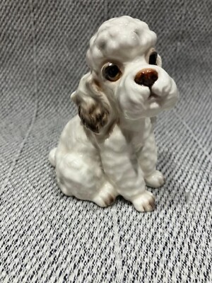 #ad Vintage Glossy Ceramic Poodle Figurine Sitting Gray amp; White Dog with Big Eyes $18.00