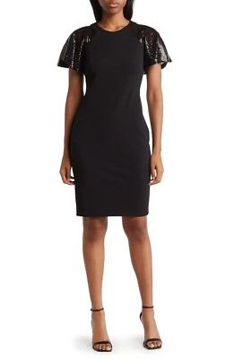 #ad Calvin Klein Black Sequin Short Sleeve Sheath Cocktail Dress Size 10 $134 $59.98