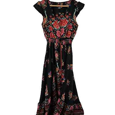Boho V Neck Maxi Flower Dress Small Black New $29.00