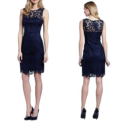 #ad Adrianna Papell Navy Lace Illusion Sleeveless Sheath Cocktail Dress Size 8 $55.99