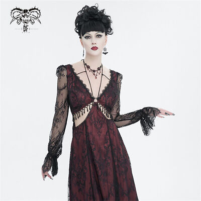 #ad Devil Fashion Black And Red Vintage Sexy Gothic Lace Long Sleeve Party Dress $124.99