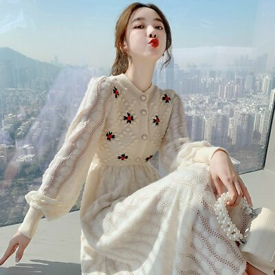 Knitting Maxi Dresses for Women Female 2021 Korea Embroidery Wool Long Sleeve $55.12