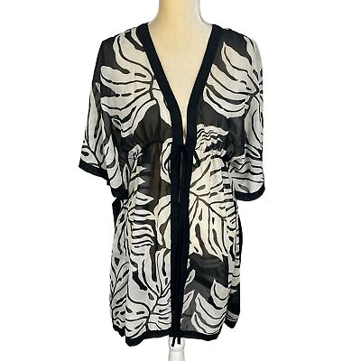 #ad CZ Coverup Black White Tropical Sheer Tie at Waist Kimono Swim Cover Up Large $18.00