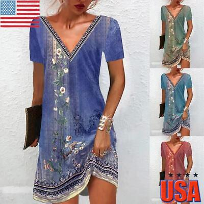 Women#x27;s V Neck Short Sleeve Boho Floral Dress Ladies Summer Casual Midi Sundress $16.69