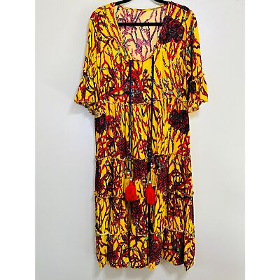 #ad Women#x27;s Hippie BOHO Tiered Yellow Floral Festival Peasant Maxi Dress Size L $21.00