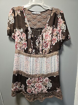 #ad Maurices Women#x27;s Size 2 Brown Coral Floral Paisley Lace Mesh Boho Peasant Blouse $14.00