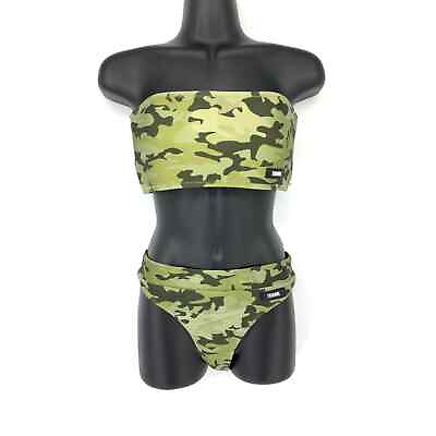 #ad Triangl Sz S Top M Bottom Camo Print Strapless Bandeau Bikini Set Green Black $69.97