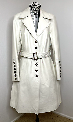Vtg Cami Women#x27;s Long White Leather Trench Coat Belted size 12 $149.95