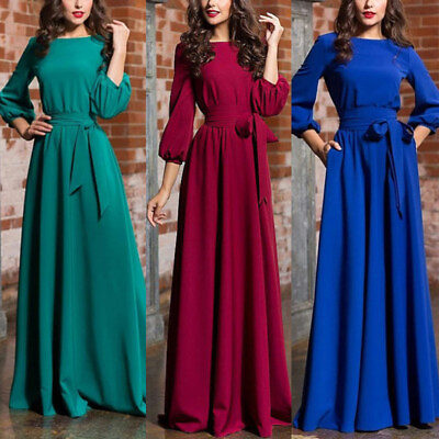 #ad Long Sleeve Dress Maxi Evening Dress Party Dress Lantern Sleeve Solid Color $7.09