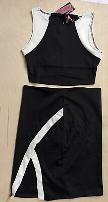 #ad Black w White Trim 2 Piece Set Sleeveless Crop Top amp; Mini Skirt Cutout $10.99