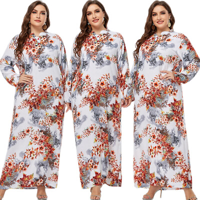 Muslim Womens Long Sleeve Maxi Dress Floral Kaftan Abaya Arab Robe Islamic Gown C $46.22