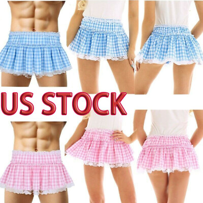 #ad US Women Men#x27;s Ruffled Lace Hem Pleated Short Gingham A line Mini Skirt Lingerie $4.41