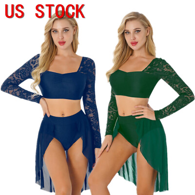 US Women Lyrical Dance Dress Outfits Two Piece Lace Crop Top Leotard Skirt Sets $18.99