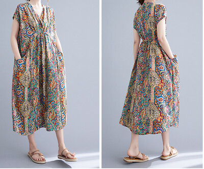 #ad Women Cotton Linen Clothing Floral Maxi Dress Round Neck Short Sleeve Pockets $15.99
