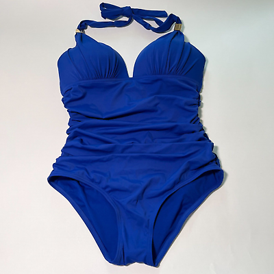 #ad Victoria Secret Large L One Piece Swimsuit Bikini Push Up Ruched Blue $52.20